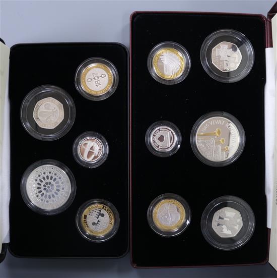 Two Royal Mint Piedfort Collection 50p to £5 proof sets 2006 (six coins) & 2007 (five coins), cased with certificates